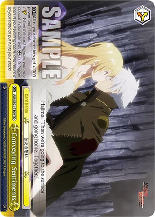 A vertical card titled "Conveying Sentiments (ARI/S103-TE09 TD) [Arifureta: From Commonplace to World's Strongest]" features an anime-style illustration of two characters, a boy with white hair and a girl with long blonde hair, embracing in front of a stone wall. Text at the bottom reads, "Haime: Then we're going to the surface and going home together." This Climax Card is part of the Bushiroad Arifureta Trial Deck.