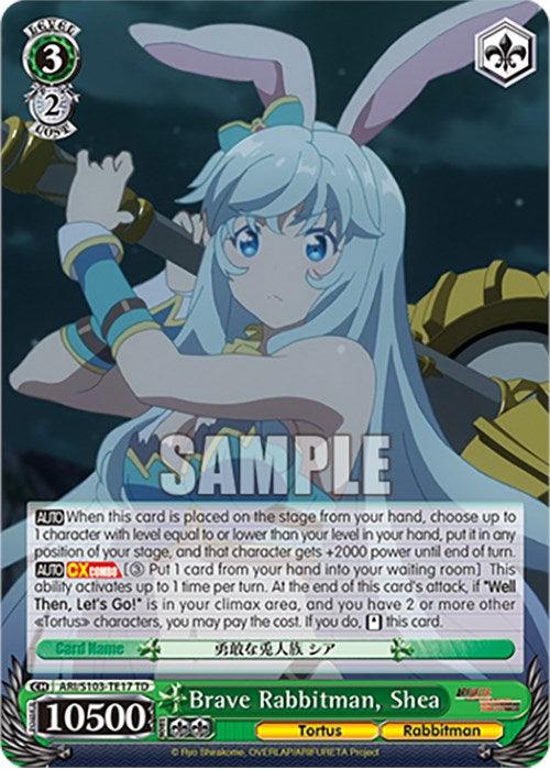 A **Bushiroad Brave Rabbitman, Shea (ARI/S103-TE17 TD) [Arifureta: From Commonplace to World's Strongest]** Weiss Schwarz Character Card from the *Arifureta: From Commonplace to World's Strongest* Trial Deck featuring "Brave Rabbitman, Shea." The character, Shea, has long blue hair with rabbit ears, wearing a pink and white outfit. The card is level 3, cost 2, with 10500 power and various game effects in the text box.