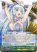 A Brave Rabbitman, Shea (ARI/S103-TE17R RRR) [Arifureta: From Commonplace to World's Strongest] trading card, from Bushiroad, features an animated female character with long blue hair adorned with two red ribbons. She wears a white and blue outfit with detached sleeves. The card's stats, abilities, and flavor text are displayed in various sections, accompanied by a green and silver border, reminiscent of Arifureta: From Commonplace to World's Strongest.