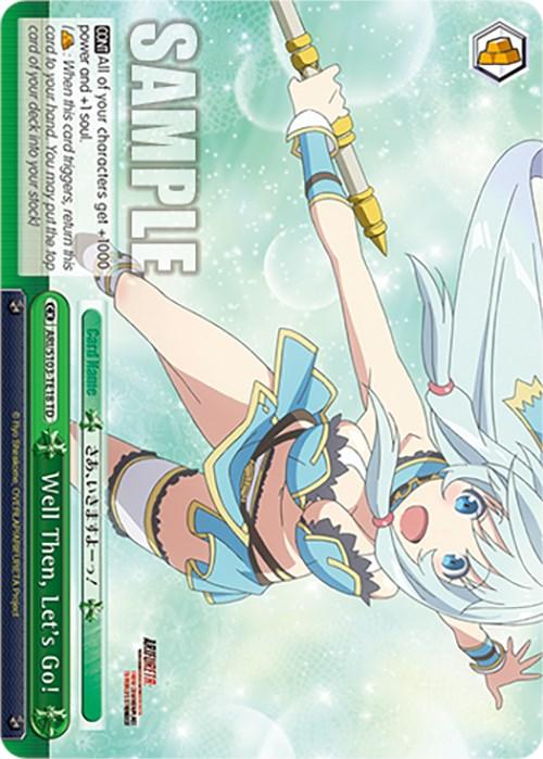 The image is a sample card from a trading card game, part of the Trial Deck, featuring an animated character with long light blue hair and a dynamic pose. She wears a revealing fantasy-themed outfit with blue, white, and gold colors. The background is green with sparkles. Text includes card abilities and stats. The product name of the card is "Well Then, Let's Go! (ARI/S103-TE18 TD) [Arifureta: From Commonplace to World's Strongest]" by Bushiroad.