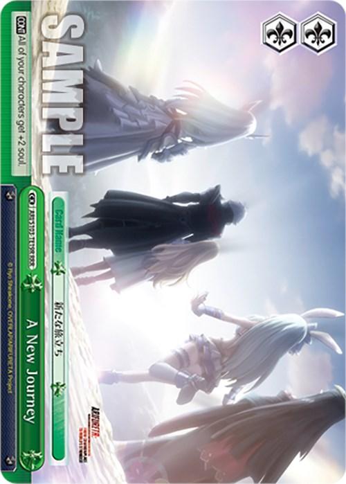 The image shows a vertical trading card titled "A New Journey (ARI/S103-TE19R RRR) [Arifureta: From Commonplace to World's Strongest]," a Triple Rare from Bushiroad. It features three armored figures with long flowing hair, standing on a bright, ethereal landscape. Two figures are at the front while another stands behind them; all face towards the light in the background.
