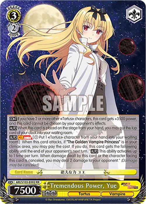 A Double Rare trading card featuring "Tremendous Power, Yue (ARI/S103-E002 RR) [Arifureta: From Commonplace to World's Strongest]" by Bushiroad. The card shows a blonde, red-eyed character with fangs and a ribbon in her hair, wearing a white dress with a red belt. Belonging to the Tortus characters from Arifureta: From Commonplace to World's Strongest series, it boasts 7500 power.