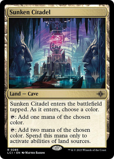 A Magic: The Gathering card named "Sunken Citadel (Promo Pack) [The Lost Caverns of Ixalan Promos]." This rare land of type "Cave" features art depicting a mystical, submerged structure between two cliff faces adorned with large, serene stone heads. Part of The Lost Caverns of Ixalan Promos, the card's text details its mana-adding abilities and entry conditions.