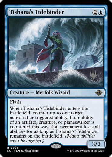 A card from the game Magic: The Gathering, titled "Tishana's Tidebinder (Promo Pack) [The Lost Caverns of Ixalan Promos]," features a Merfolk Wizard with a trident, standing on a rocky shoreline with crashing waves in the background. As part of The Lost Caverns of Ixalan Promos, it boasts flash and can counter activated abilities. It has a power/toughness of 3/2.