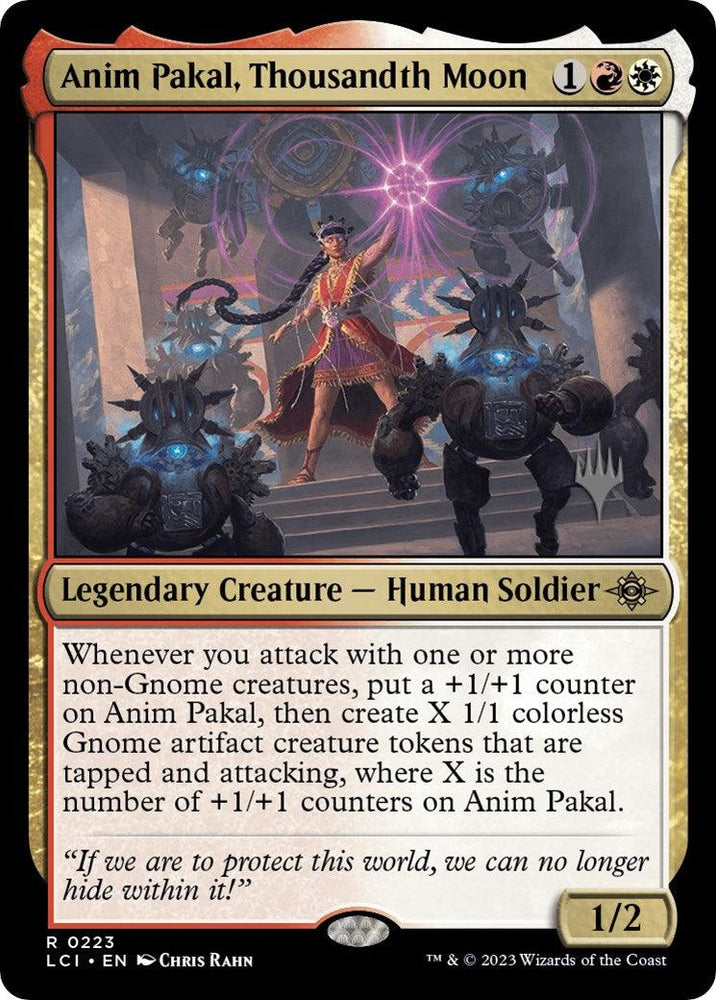 The Magic: The Gathering card "Anim Pakal, Thousandth Moon (Promo Pack) [The Lost Caverns of Ixalan Promos]" portrays a legendary human soldier dressed in red, standing in a grand hall adorned with statues. This rare card has a mana cost of 1 red, white, and black mana and boasts a power and toughness of 1/2. Its abilities include gaining counters and creating Gnome tokens.