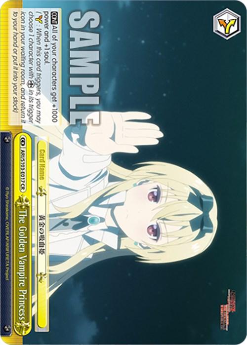 A Bushiroad trading card featuring an anime-style character with long blonde hair, pale skin, and yellow eyes. She wears a white dress with teal accents, holding her hand up with a serious expression. Titled “The Golden Vampire Princess (ARI/S103-E017 CR) [Arifureta: From Commonplace to World's Strongest],” the card has text, stats, and a “SAMPLE” watermark.