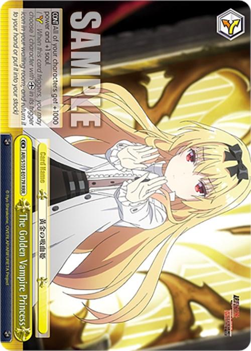 A Triple Rare trading card features an anime-style character resembling "Arifureta: From Commonplace to World's Strongest" with long blonde hair, red eyes, and a black hair accessory. She wears a white outfit with black accents, holding a hand near her face. Titled "The Golden Vampire Princess (ARI/S103-E017R RRR) [Arifureta: From Commonplace to World's Strongest]," by Bushiroad, it includes the text "SAMPLE" and details about card abilities.