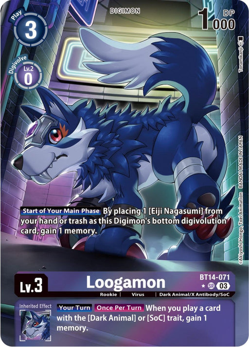 A Digimon card for Loogamon [BT14-071] (Alternate Art) [Blast Ace]. This Super Rare card features an illustration of a fierce, dark animal-like Digimon with blue fur, red eyes, and metallic claws. The card includes attributes such as its level (Lv.3), DP (1000), type (Rookie), and effects that can gain memory points.
