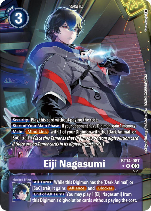 A Digimon Tamer Card featuring Eiji Nagasumi, a character with short blue and black hair, decked out in a red and black jacket. The card details include play cost (3) and boasts specific abilities linked to Digimon traits, such as security effects and inherited effects from Eiji Nagasumi [BT14-087] (Alternate Art) [Blast Ace].