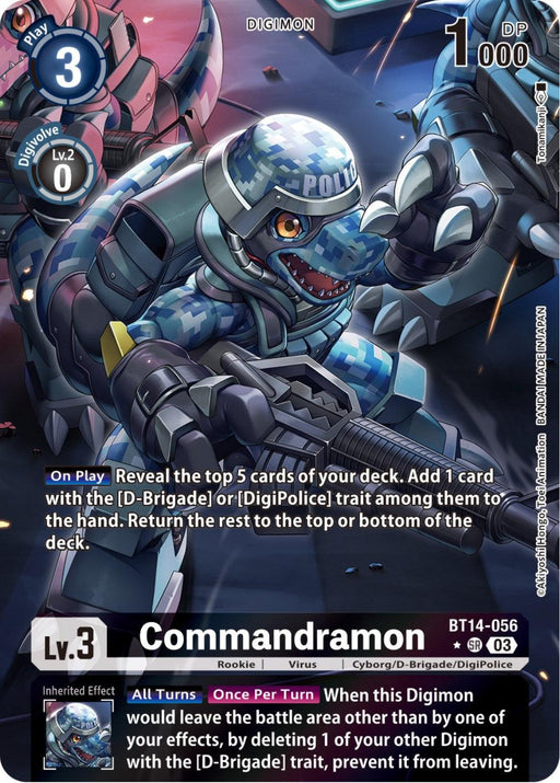 A Super Rare Digimon card featuring "Commandramon," a cybernetic, dinosaur-like creature wearing police gear. The card has a blue and purple background with digital and mechanical elements. Commandramon [BT14-056] (Alternate Art) [Blast Ace] is a Level 3 D-Brigade Digimon with 1000 DP and boasts special abilities and effects listed on the card.