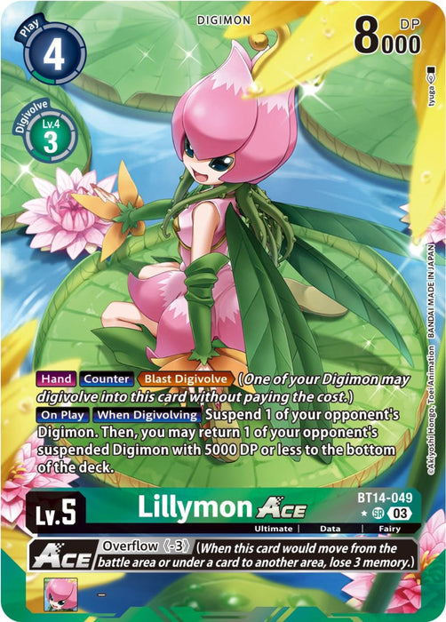 A Super Rare Digimon trading card featuring Lillymon Ace [BT14-049] (Alternate Art) [Blast Ace]. This pink and green fairy Digimon, adorned with green leaf wings and petal-shaped attire, boasts a DP of 8000 and is level 5. With its formidable "Blast Digivolve" and "Overflow" abilities, Lillymon Ace truly stands out as a Blast Ace in any deck.