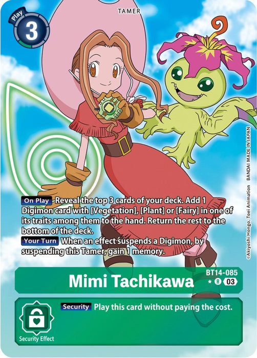 Trading card titled "Mimi Tachikawa [BT14-085] (Alternate Art) [Blast Ace]" from Digimon, featuring Tamer Mimi Tachikawa alongside the green Digimon character Palmon. Mimi is depicted with long brown hair, green eyes, and wearing a pink hat. Palmon features a flower head and green body. The card includes special effects text and showcases a blue sky background with clouds along with the Digimon logo.