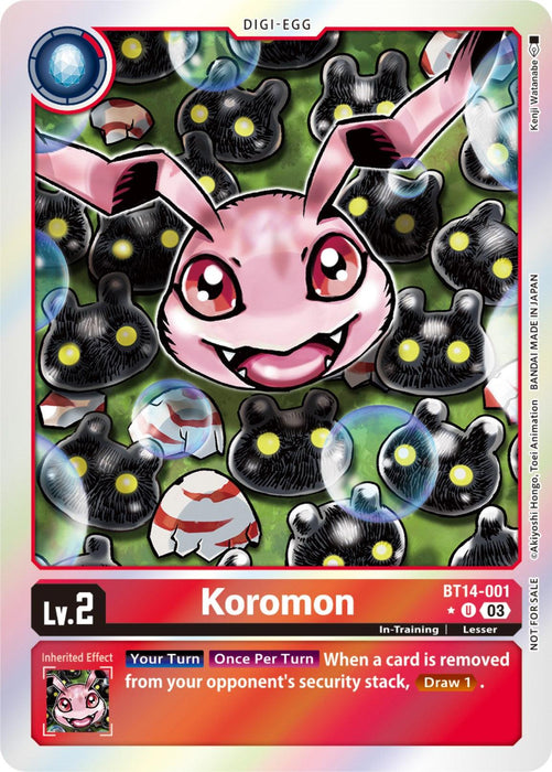 Uncommon rarity Digimon card featuring "Koromon [BT14-001] (Blast Ace Box Promotion Pack) [Blast Ace]" from the Digimon franchise. The card showcases a pink, bunny-like creature with large eyes, surrounded by black, spherical creatures with red eyes. Details include levels, effects, and abilities, with vibrant colors and dynamic, action-oriented artwork.