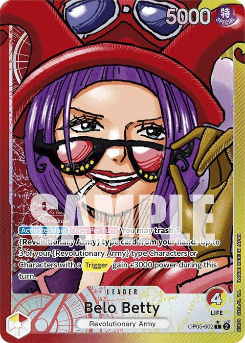 A trading card from the card game Awakening of the New Era features Belo Betty (Alternate Art) [Awakening of the New Era] by Bandai. She has purple hair, red sunglasses reflecting a star, and a matching hat. The card details her stats, abilities, and artwork with various game-related instructions clearly visible.