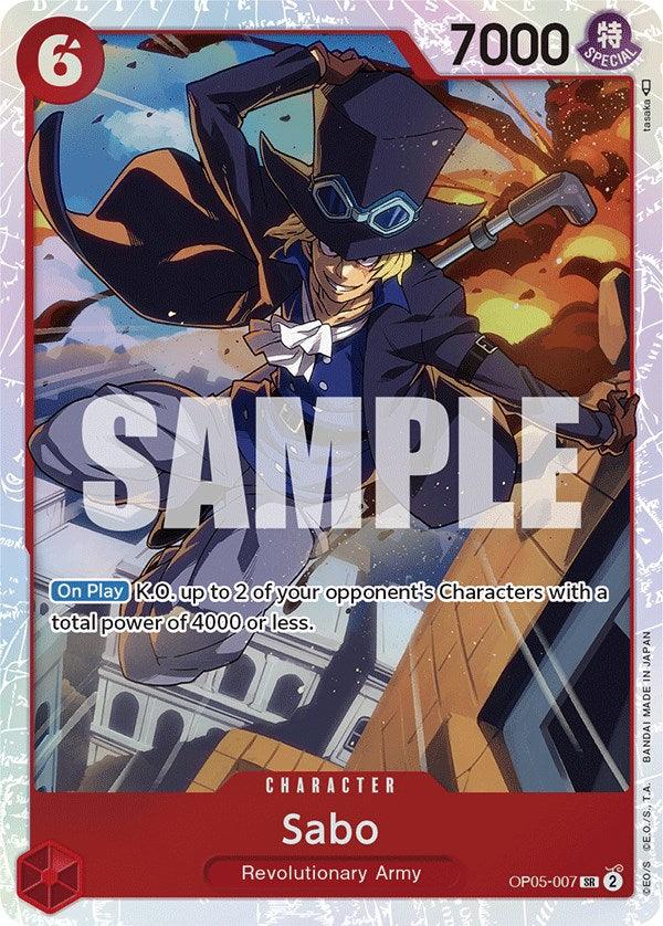 The Sabo [Awakening of the New Era] trading card by Bandai features a striking image of Sabo from the Revolutionary Army, caught in a dynamic pose with his iconic top hat, goggles, and billowing blue cloak. The card is adorned with a red border, has a power level of 7000, costs 6 to play, and includes the special ability: 