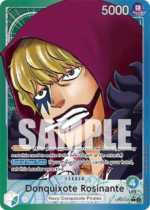 A trading card featuring Donquixote Rosinante from the Navy/Donquixote Pirates. He has blond hair, a hooded cloak, and face paint under his left eye. This Leader card boasts 5000 power and 4 life. Various text and graphics are placed around the card, with an "Awakening of the New Era" watermark over the image. The product is named Donquixote Rosinante (Alternate Art) [Awakening of the New Era] by Bandai.