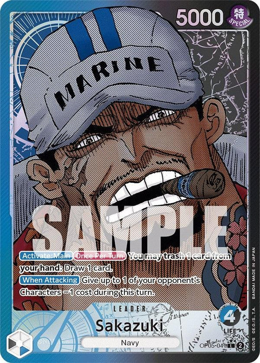 The Leader Card features an illustrated character wearing a white cap labeled "MARINE." The character is grimacing, holding a stacked cigar, and their face is scarred. Text on the card reads "Sakazuki (Alternate Art) [Awakening of the New Era]," among various game instructions. The background is a mix of blues, reds, and whites. Bandai: 2023-12-08.