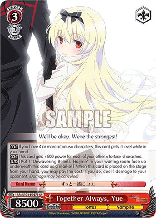 A Super Rare trading card features an anime-style character with long blonde hair wearing a white dress. The character, resembling Yue from "Arifureta: From Commonplace to World's Strongest," looks over her shoulder while holding onto the arm of another figure in a black suit. The card has numerous stats and abilities, titled "Together Always, Yue (ARI/S103-E047S SR) [Arifureta: From Commonplace to World's Strongest]" by Bushiroad.