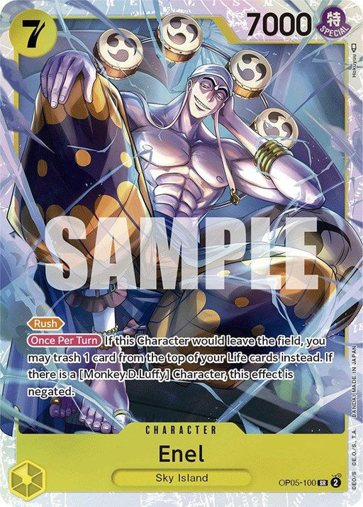 A detailed alt text for this image could be:

"A Super Rare trading card featuring a shirtless character with pale skin, light blue hair, and pointed ears. He wears a purple hat, gold bracelets, and flowing yellow pants. The card is labeled 'Enel' and has numbers 7, 7000, and OP05-100 at the edges, with text describing its abilities. This is an Enel [Awakening of the New Era] card by Bandai.
