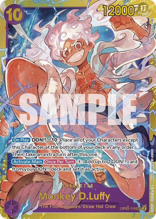 A vibrant Secret Rare character card featuring Monkey.D.Luffy [Awakening of the New Era] from Bandai's "Straw Hat Crew" and "The Four Emperors" series. Showcasing Luffy in an action pose with a playful expression, white hair, and dynamic, colorful energy, this Awakening of the New Era card boasts a power level of 12,000 with detailed game-related text.