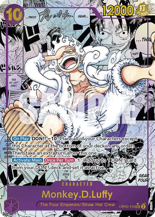 A trading card featuring Monkey D. Luffy with a bright background of manga panels. Luffy is depicted in an intense, powerful stance with his fists clenched. This Monkey.D.Luffy (Alternate Art)(Manga) [Awakening of the New Era] by Bandai shows his power level "12000" and cost "10." Various game mechanics and abilities are described in text boxes below the illustration, hinting at the Awakening of the New Era.
