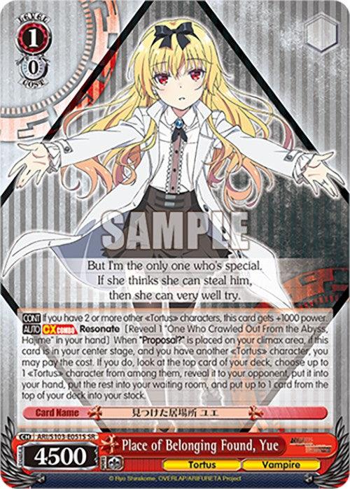 A "Place of Belonging Found, Yue (ARI/S103-E051S SR) [Arifureta: From Commonplace to World's Strongest]" trading card by Bushiroad. It features an illustrated character with long blonde hair, red eyes, and wearing a white and black outfit. This Super Rare card boasts 4500 power, a level of 1, and detailed game text below the image.