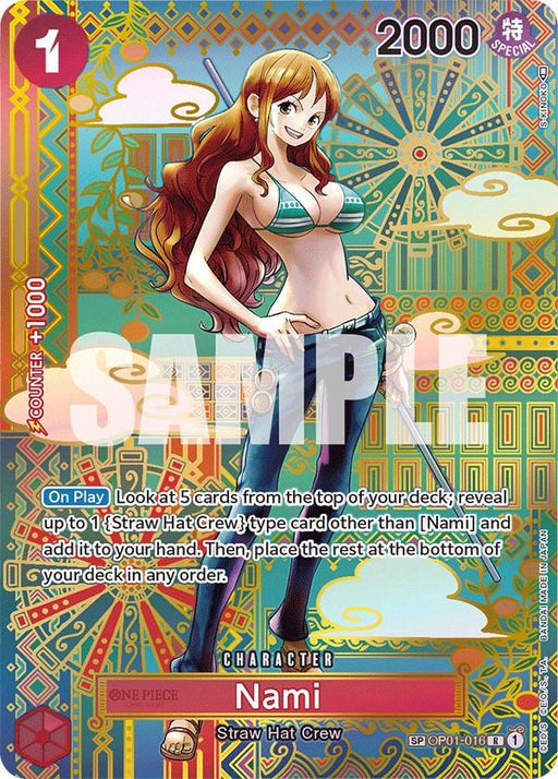A Bandai product called Nami (SP) [Awakening of the New Era] featuring Nami from the One Piece series. She stands confidently, wearing a striped green bikini top and jeans. Text details her abilities and card statistics. The background is ornate with golden patterns, symbolizing the Awakening of the New Era. A watermark labeled "SAMPLE" is overlaid on the card.
