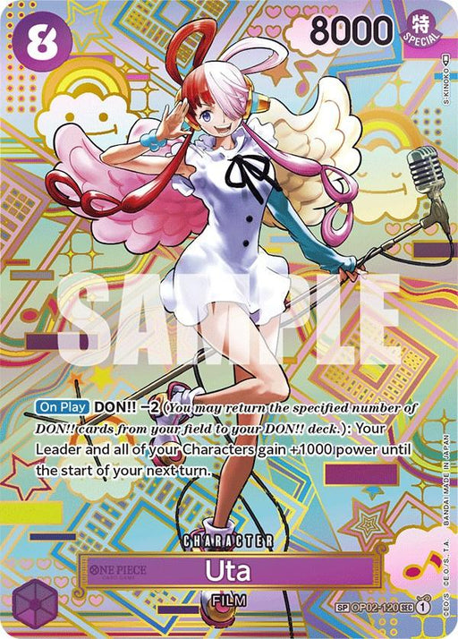 A Bandai Uta (SP) [Awakening of the New Era] trading card featuring Uta from the anime "One Piece Film: Red." She has long red, pink, and white hair, wears a white dress with a blue bow and wing-like accessories. Holding a mic, the card boasts 8000 power. Text and illustrations fill the card, with "SAMPLE" overlaid on the image.