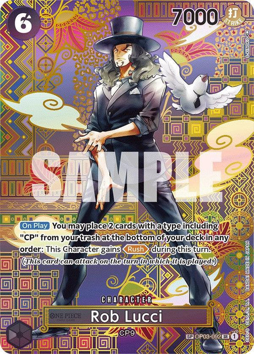 A Rob Lucci (SP) [Awakening of the New Era] trading card by Bandai featuring the character "Rob Lucci" with "CP9" and "7000" designations. The character, dressed in a dark blue suit, purple shirt, and red tie adorned with a white flower, has a white pigeon perched on his left shoulder. The background showcases geometric patterns in pink, purple, and yellow. The Character Card includes game text and attributes at