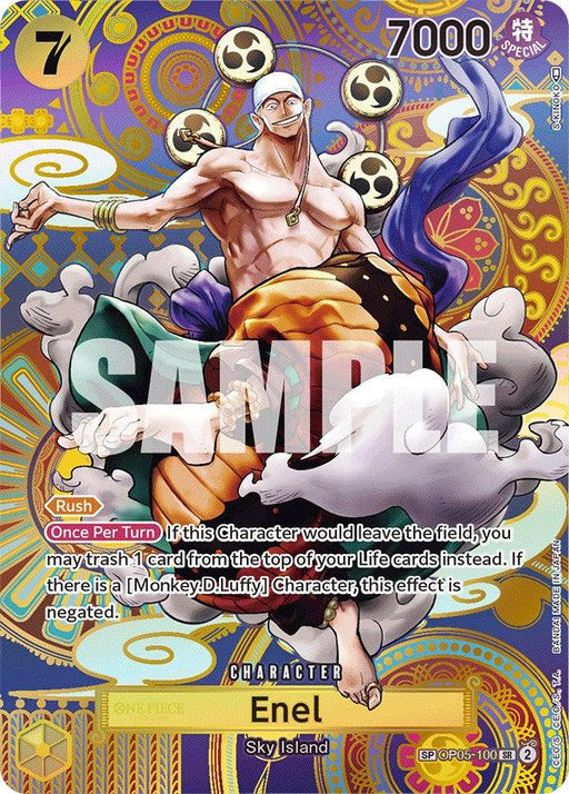 A super rare trading card featuring the character Enel from the One Piece series. Enel is depicted shirtless with a white headdress and drums on his back, surrounded by colorful energy. The card has a power value of 7000, a cost of 7, and features special abilities. Text at the center reads "SAMPLE." The product name is "Enel (SP) [Awakening of the New Era]" by Bandai.