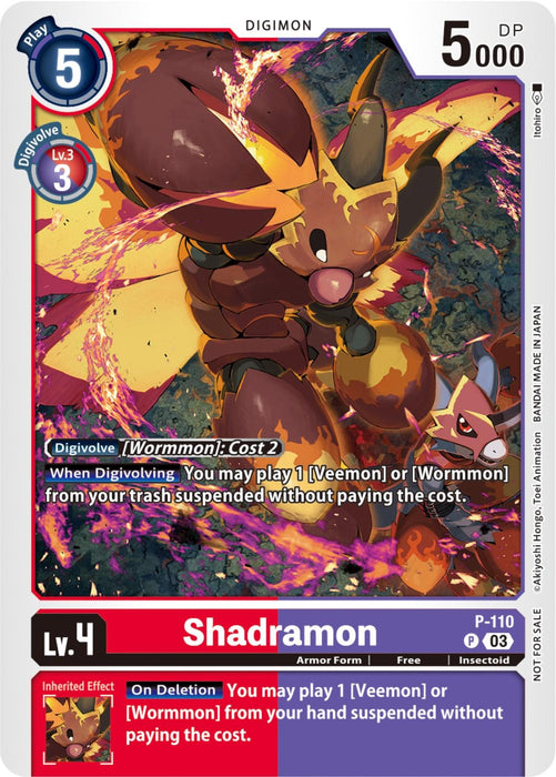 A Digimon promo card featuring Shadramon, an Armor Form insectoid monster with 5000 DP and a play cost of 5. It has a red and purple border, a fiery background, and an inherited effect that reads, “You may play 1 [Veemon] or [Wormmon] from your hand suspended without paying the cost.” The card is titled Shadramon [P-110] (3rd Anniversary Survey Pack) [Promotional Cards].