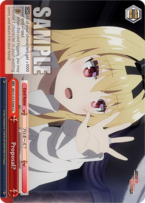 A card features an anime character with long blonde hair and purple eyes, reaching out with a distressed expression. Text on the card includes stats and abilities, focusing on game mechanics. The title "Proposal? (ARI/S103-E068 CC) [Arifureta: From Commonplace to World's Strongest]" is prominent at the top, indicating it's a sample card from Bushiroad.