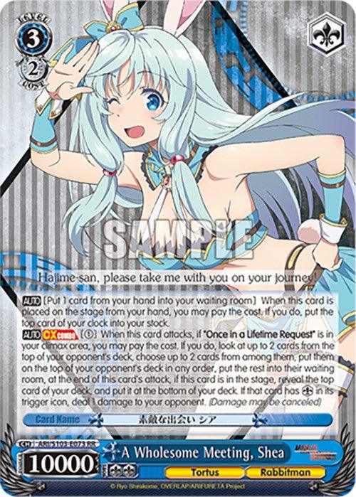 A Double Rare trading card features an anime-style character with long blue hair, wearing a bikini top and bunny ears. She is smiling and extending her hand. The card, from Bushiroad's Arifureta: From Commonplace to World's Strongest, includes various stats, abilities, and text in Japanese and English. The main title reads "A Wholesome Meeting, Shea (ARI/S103-E073 RR) [Arifureta: From Commonplace to World's Strongest].