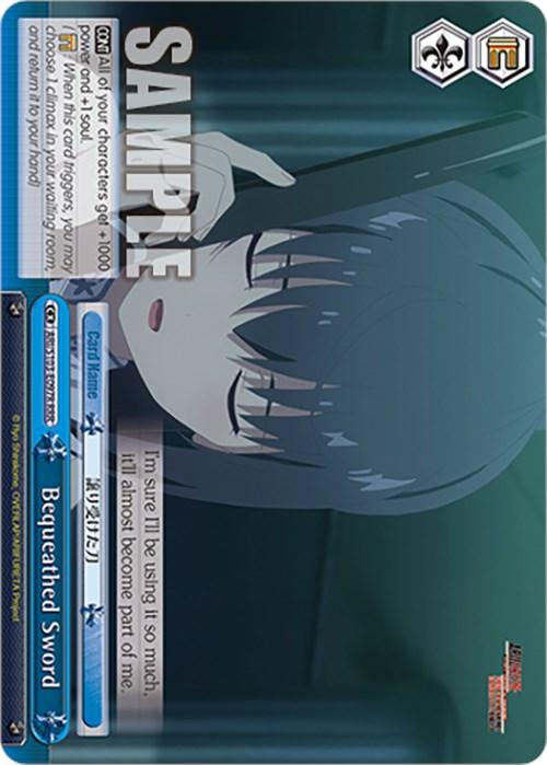 A Triple Rare trading card featuring an anime character with closed eyes and blue hair, partially obscured by bangs. The design includes multiple text sections and symbols, including "SAMPLE" in large letters. A dialogue box reads, "I'm sure I'll be using it so much, it'll almost become part of me." The card also bears the title "Bequeathed Sword (ARI/S103-E097R RRR) [Arifureta: From Commonplace to World's Strongest]" and evokes the excitement of a Bushiroad release.