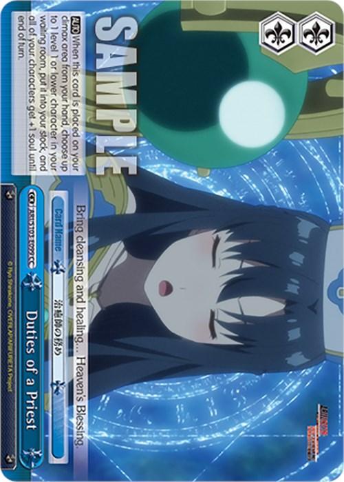 A trading card titled "Duties of a Priest (ARI/S103-E099 CC) [Arifureta: From Commonplace to World's Strongest]" from Bushiroad depicts an anime-style character with long dark hair and closed eyes, surrounded by a glowing blue circular design. Reminiscent of "Arifureta: From Commonplace to World's Strongest," the Climax Card details abilities like "Bring Cleansing and Healing, Heaven’s Blessing," with sample text overlaid.