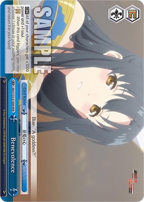 A trading card features an anime-style illustration of a young woman with long dark hair and golden eyes, looking up with a shy expression. She’s wearing a blue and yellow outfit. The text at the bottom includes "Benevolence" and "B-Bze... A goddess?". Additional stats and icons are on the left side. This Triple Rare card captures the essence of Benevolence (ARI/S103-E100R RRR) [Arifureta: From Commonplace to World's Strongest] by Bushiroad.