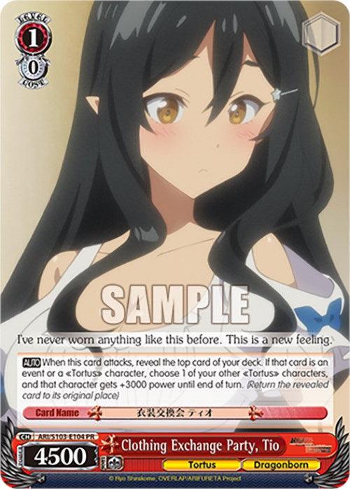 A collectible card featuring an anime-style illustration of Tio, a Tortus character from "Arifureta: From Commonplace to World's Strongest." She has long dark hair and pointed ears, wearing a revealing outfit with a blush on her cheeks. The promo card displays her stats, skill information, and the name "Clothing Exchange Party, Tio (ARI/S103-E104 PR) [Arifureta: From Commonplace to World's Strongest]" at the bottom. This product is by Bushiroad.