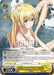 Trading card titled "Bathtime, Yue (ARI/S103-PE02 PR) [Arifureta: From Commonplace to World's Strongest]" from Bushiroad, featuring an illustrated blonde girl with red eyes and a ponytail, sitting in a bath surrounded by water and bubbles. She is half-submerged, covering her chest with one arm. This rare promo card details Yue’s attributes, abilities, and effects.