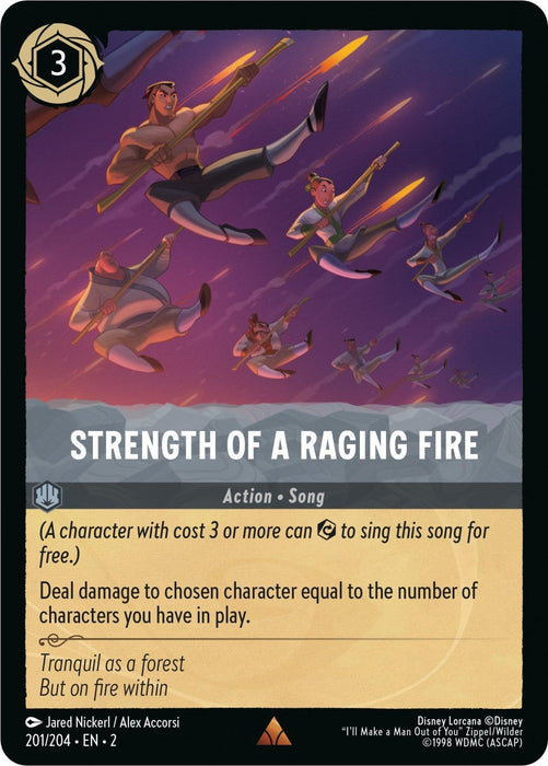 A rare trading card named "Strength of a Raging Fire (201/204) [Rise of the Floodborn]" by Disney with an action type, featuring a dynamic illustration of eight characters in mid-air with swords drawn, diving downward against a purplish night sky. Part of the "Rise of the Floodborn" series, it costs 3 and includes text describing its abilities.