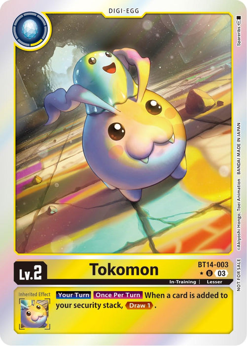 The Digimon trading card Tokomon [BT14-003] (Blast Ace Box Promotion Pack) features an In-Training cutesy creature with a round body, big eyes, and long, floppy ears. The card has a Level 2 label in the corner and an inherited effect: "Your Turn Once Per Turn When a card is added to your security stack, Draw 1.