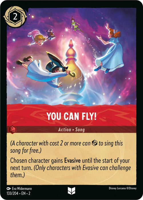 A Disney Lorcana trading card titled "You Can Fly! (133/204) [Rise of the Floodborn]" from the Rise of the Floodborn series. The card features Peter Pan, Tinker Bell, and Wendy Darling flying above a glowing pirate ship. With an uncommon red banner in the middle displaying text, actions, and an Evasive cost symbol in the top left corner.