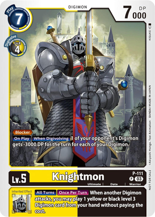 A Digimon Promo card featuring Knightmon [P-111] (3rd Anniversary Survey Pack) [Promotional Cards], a warrior Digimon in armor, holding a large sword and shield. The card details include "Play Cost: 7," "LV: 5," "DP: 7000," and abilities such as "Blocker" and a special ability that affects opponent's Digimon DP. The background shows a castle.