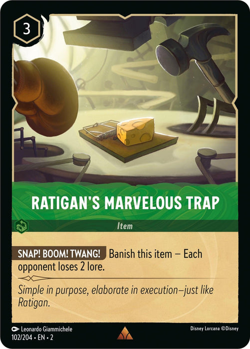 A rare card from Disney Lorcana, "Ratigan's Marvelous Trap (102/204) [Rise of the Floodborn]," features an elaborate, whimsical trap with large gears, candles, and a piece of cheese as bait. The card text describes the item's effect in the game, which causes each opponent to lose 2 lore.
