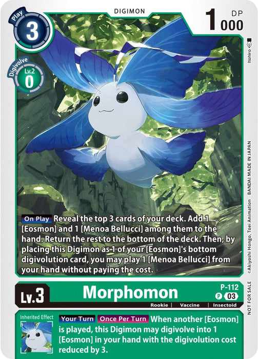 The Morphomon [P-112] (3rd Anniversary Survey Pack) promotional card for the Digimon game showcases "Morphomon," a Level 3 Digimon adorned in green as a Rookie level. With a play cost of 3 and DP of 1000, this card details Morphomon's abilities and evolution conditions. The small, white creature with large blue butterfly wings features its identifier, P-112, in the bottom right corner.