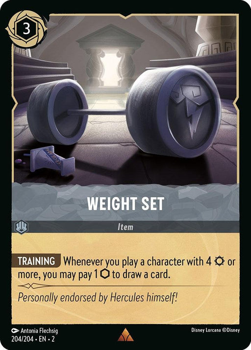 A rare card from the Disney Lorcana game, "Weight Set (204/204) [Rise of the Floodborn]," is an item card with a cost of 3. The illustration features a large barbell adorned with a stylized lightning bolt emblem in a grand hall. Rooted in the Rise of the Floodborn storyline, playing this card lets you draw when deploying characters with 4 or more strength.