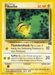 The image features a Pokémon Pikachu (27) [Wizards of the Coast: Black Star Promos] trading card. With 30 HP, this Mouse Pokémon is depicted in a forest. The card shows Thundershock (10 damage) and Agility (20 damage). Numbered 58/102, it has a yellow border and illustrates Pikachu’s lightning abilities with two attacks.