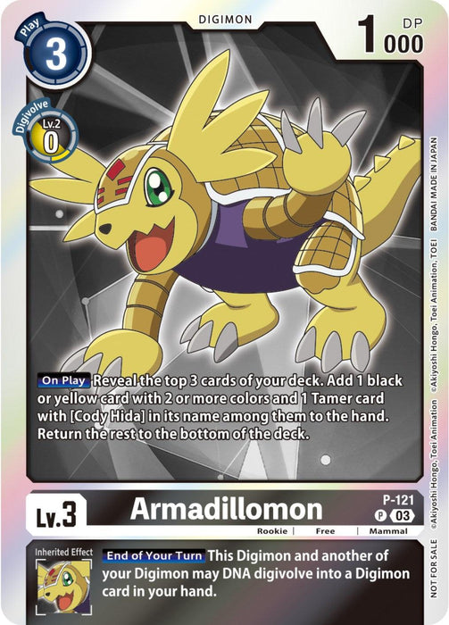 A Digimon trading card featuring Armadillomon, a yellow armored Digimon with a playful expression. The card shows its stats—Level 3, 3 cost to play, 0 cost to evolve, 1000 DP. Special effects include revealing cards from the deck and adding specific cards to the hand. Set details are noted on this promotional card: Armadillomon [P-121] (Tamer Party Pack -The Beginning- Ver. 2.0) [Promotional Cards].