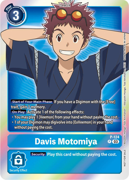 A "Digimon Card Game" card featuring Davis Motomiya and his partner Veemon. He is smiling with his hands behind his head, wearing a blue shirt and goggles. The Davis Motomiya [P-124] (Tamer Party Pack -The Beginning- Ver. 2.0) [Promotional Cards] details their abilities, including memory gain, Digimon evolution, and security effects. The blue background emphasizes its promotional release by Digimon.

