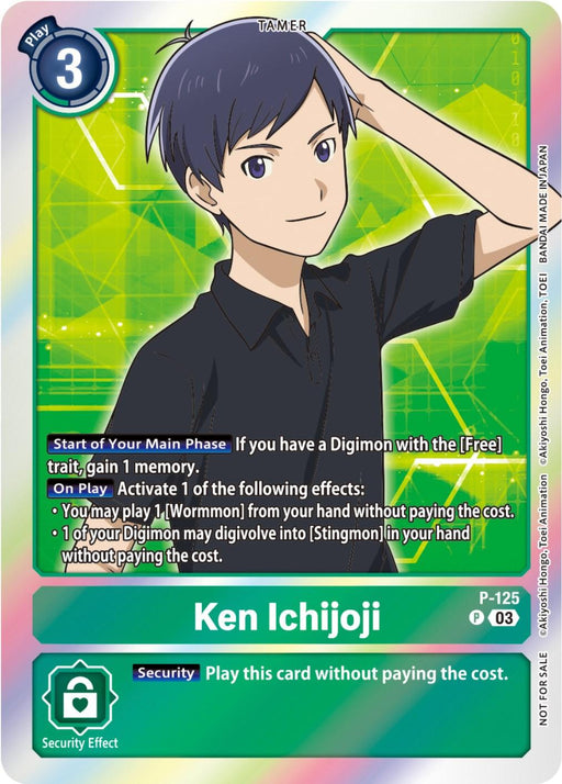 A Digimon trading card featuring Ken Ichijoji [P-125] (Tamer Party Pack -The Beginning- Ver. 2.0) [Promotional Cards]. The card text explains his abilities: gaining memory, playing a Wormmon without cost, and evolving a Digimon into Stingmon for free. This promotional card costs 3, is labeled P-125, and has a security effect to play the card without paying the cost.