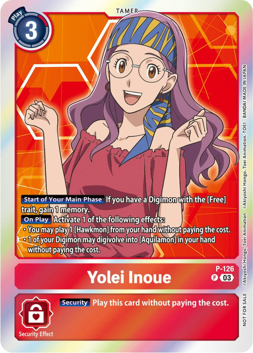 A promotional card featuring Yolei Inoue, a tamer with glasses and long purple hair, is wearing an orange shirt and smiling with raised fists. The card, marked Play Cost 3, has effects involving Digimon like Hawkmon and Aquilamon. The card is labeled Yolei Inoue [P-126] (Tamer Party Pack -The Beginning- Ver. 2.0) [Promotional Cards], by Digimon.